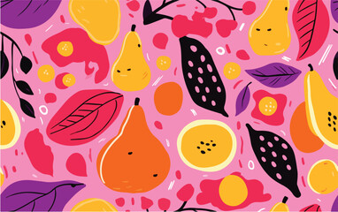 Abstract Pear and Floral Pattern. Playful pattern with stylized pears, leaves, and abstract floral elements in pink, yellow, and dark tones.