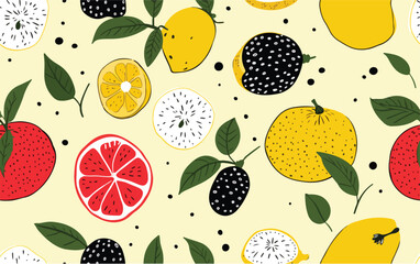 Citrus and Berry Pattern. Playful pattern with stylized citrus slices, berries, and leaves on a light yellow textured background.