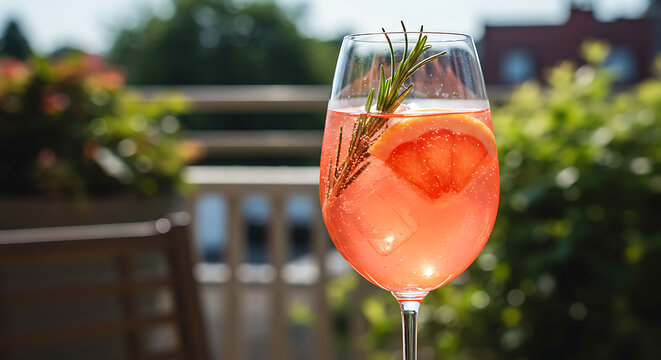 A vibrant pink cocktail with a grapefruit slice and rosemary sprig sits in a wine glass on a sunny outdoor terrace setting. - Powered by Adobe