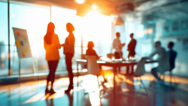 Teamwork brainstorming, blurred people silhouettes working in office, business strategy, manager briefing