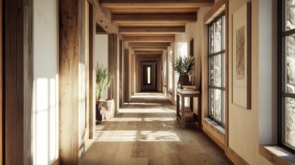 Obraz premium A long hallway with wooden beams on the ceiling and sunlight streaming through the windows and doorway