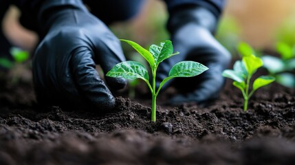 Gardener in Black Gloves Planting Young Seedlings in Rich Soil