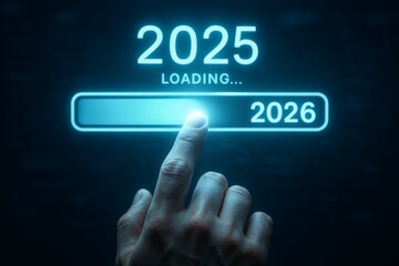 Futuristic concept finger pressing button to transition from 2025 to 2026