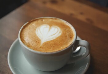 Fototapeta premium A heart design on a cup of coffee sitting on a wooden table.