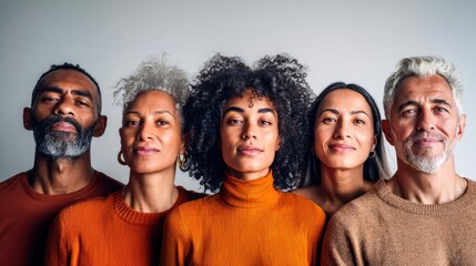 Fototapeta premium A diverse group of people pose together, showcasing unity and various ages with natural looks.