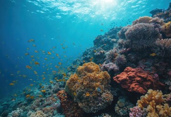Underwater Scene: A Colorful Coral Reef Ecosystem with Various Species and Aquatic Plants