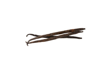 Vanilla pods isolated on white background. Vanilla flowers and seeds. vanilla stick bean. Aromatic spicy spice for pastries and desserts. Seasoning. Space for text. Copy Space