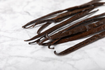Vanilla pods on a textured background. Vanilla flowers and seeds. vanilla stick bean. Aromatic spicy spice for pastries and desserts. Seasoning. Space for text. Copy Space