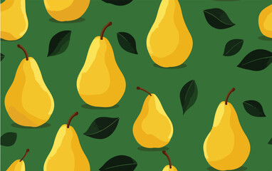 Pear Pattern on Green. Playful pattern with stylized yellow pears and dark green leaves on a solid green background.