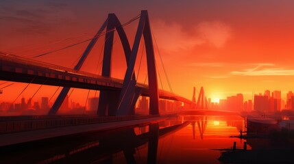 Obraz premium Urban sunset futuristic bridge in the foreground sky painted with warm hues sleek glass architecture reflecting vibrant colors crisp details soft ambient light v ar Image