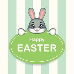 Cute Easter rabbit with a green board for text. Easter bunny. Symbol of Easter. Vector children's illustration.