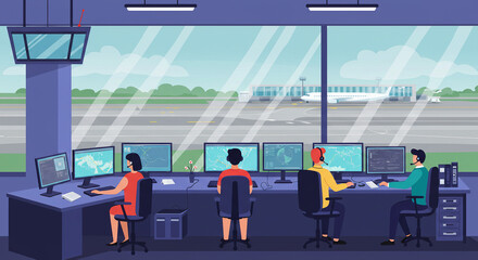 Air Traffic Controllers in Control Room