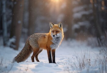 Naklejka premium A Red Fox in a Snowy Forest Landscape