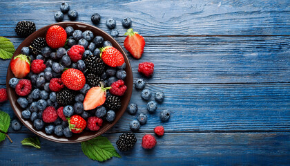 mix of fresh berries on wooden table top view with copy space