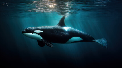 Obraz premium Artistic underwater capture of a killer whale, aquamarine and indigo lighting, breaking through beams of surface light