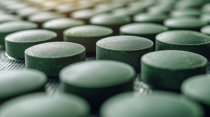 Fototapeta premium Closeup of circle pattern green pills on metal table