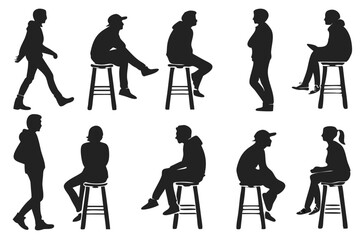 Silhouettes of people in various poses including sitting standing and walking on a white background scene
