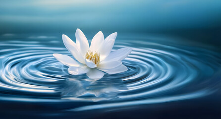 A white flower delicately rests on the surface of calm blue water. Gentle ripples expand outwards, reflecting the soft light in a serene and peaceful scene.