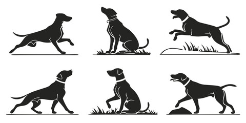 Fototapeta premium Collection of six black silhouette dogs in various poses on white background vector illustration