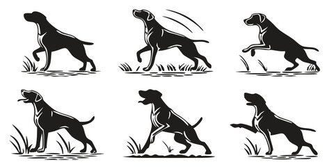 Collection of six silhouette illustrations of a pointer dog in various stances and positions outdoors