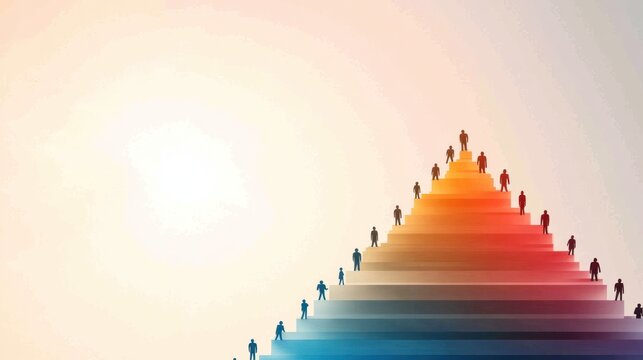 People climbing pyramid shaped steps for career advancement