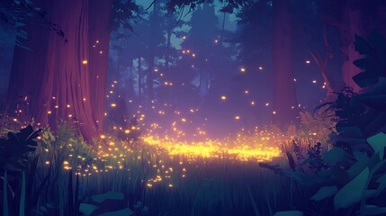 Obraz premium A dreamy forest scene illuminated by glowing fireflies, evoking a peaceful atmosphere.