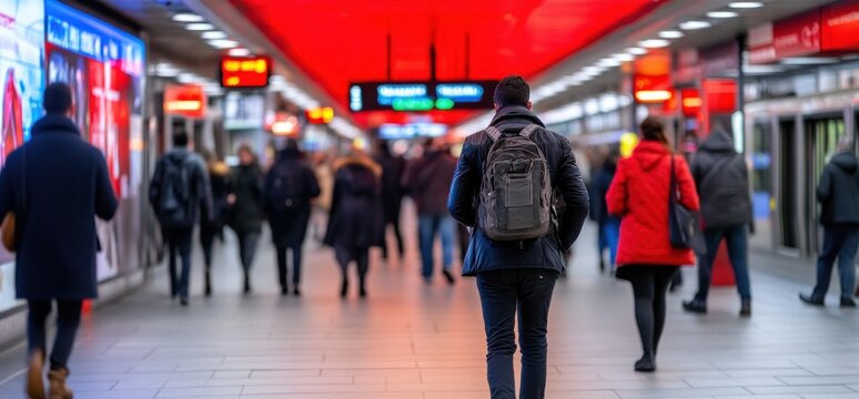 People commuting in public transport bright urban underground corridor