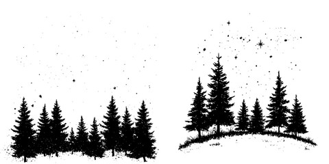 Majestic silhouette of evergreen trees under a starry night sky with a calm atmosphere