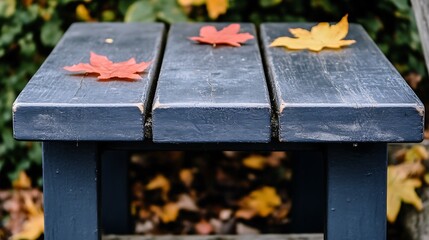 A weathered, dark-blue wooden picnic table with autumn leaves.