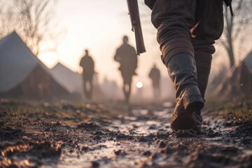 People walking boots mud tents field group men uniform soldiers