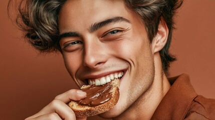 A cheerful man taking a bite of toast with chocolate spread, enjoying the moment.