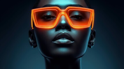 Close-up portrait of an attractive woman with illuminated neon glasses, chic and modern. © NovaVision