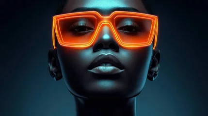 Close-up portrait of an attractive woman with illuminated neon glasses, chic and modern. © NovaVision