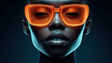 The portrait features a person in glowing orange glasses, creating a cyberpunk, futuristic style.