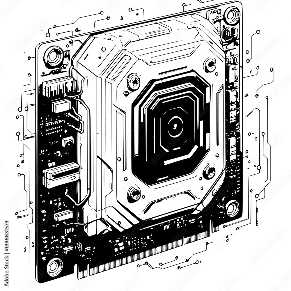 Poster detailed illustration of a computer circuit board component with intricate design features and conne
