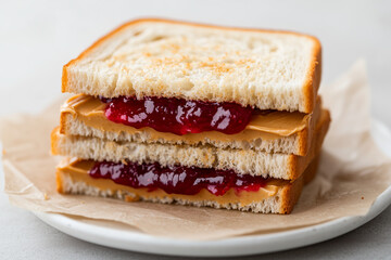 Toasted peanut butter and jelly sandwich halved,  on white plate 