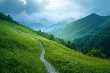 Fototapeta premium Scenic green hills under cloudy sky at dusk