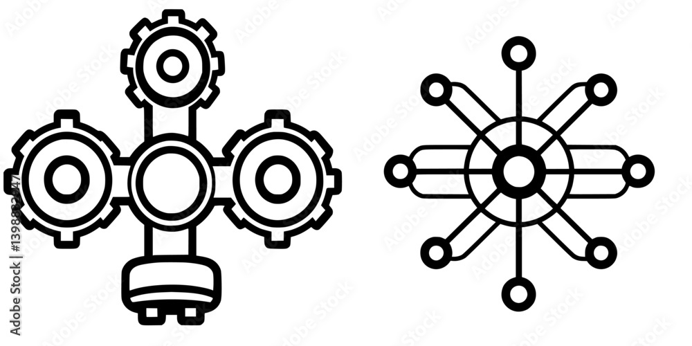 Poster engineering symbols and designs showing interconnected gears and nodes in a simplified format for te