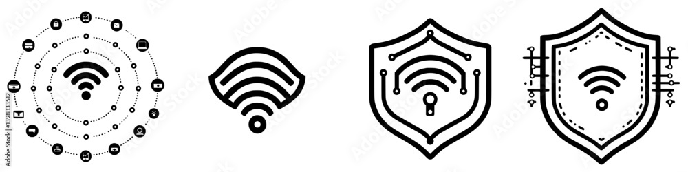 Poster wireless network icons demonstrating connectivity and security features in digital communication