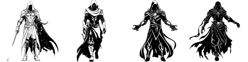 Fototapeta premium Silhouetted figures of cloaked warriors displaying different poses and styles showcasing an epic fantasy theme