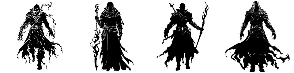 Fototapeta premium Silhouetted figures of dark sorcerers casting spells in an enchanted forest