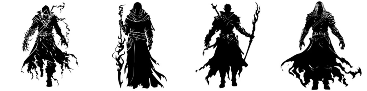 Silhouetted figures of dark sorcerers casting spells in an enchanted forest