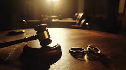 Obraz premium A dramatic tabletop composition featuring a wooden judge’s gavel resting beside a pair of metal handcuffs, lit with focused overhead light to evoke justice, authority, and consequence