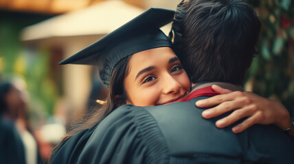 A graduate embracing a loved one, marking the accomplishment with joy and emotion during an outdoor graduation ceremony.