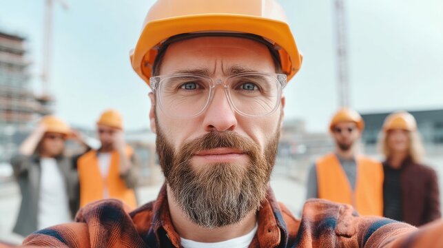 A construction worker takes a selfie with colleagues at a building site, looking serious with his beard.
