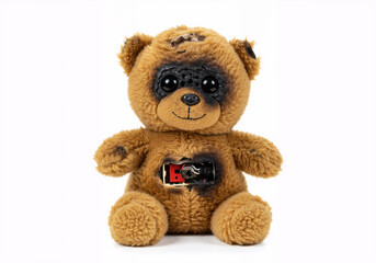 Obraz premium Brown plush toy bear with battery burn damage - isolated on white