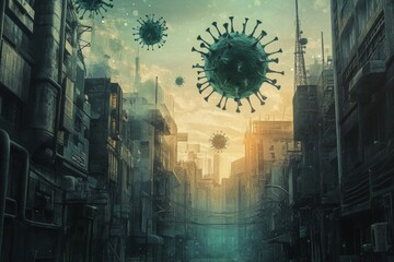 Dystopian city with giant virus particles floating in the sky, depicting a post-pandemic atmosphere