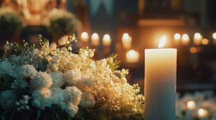 A memorial service announcement. Includes space for an obituary and names of the deceased. Features candlelight and white flowers.