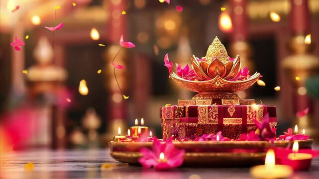 Indian diya lamp, holiday symbol. Golden lotus-shaped offering with pink petals, creating a serene and spiritual atmosphere.