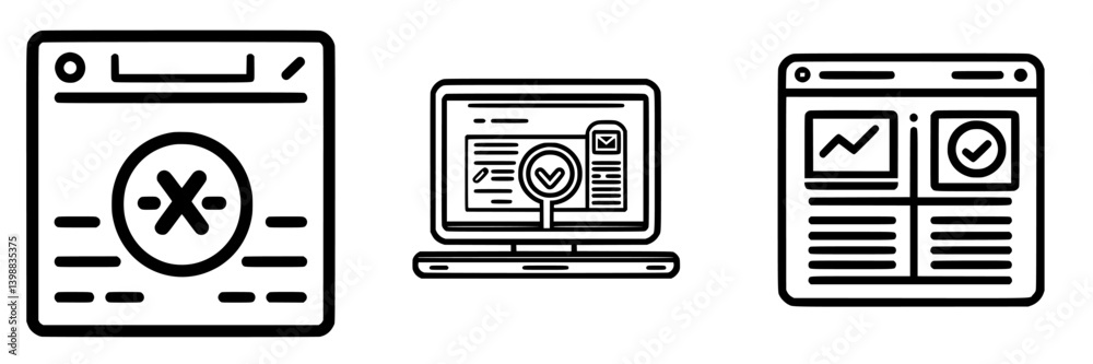 Poster digital design elements showcasing error messages, website interface, and analytics dashboard on a c